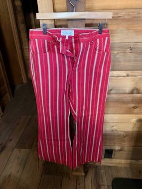 THE GREAT. Red and Cream Vertical Stripe Jeans